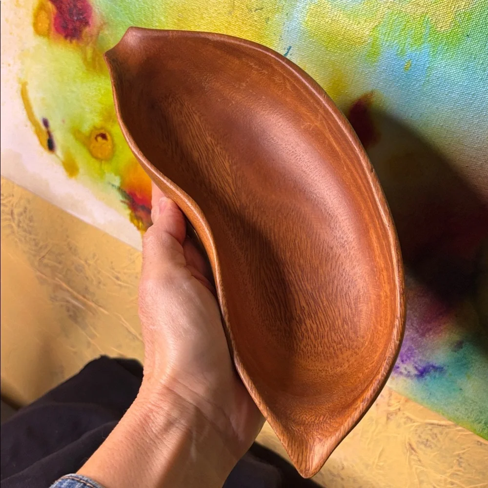 Mid-Century Modern Monkey Pod Leaf Bowls Hand Carved ~ set of 2